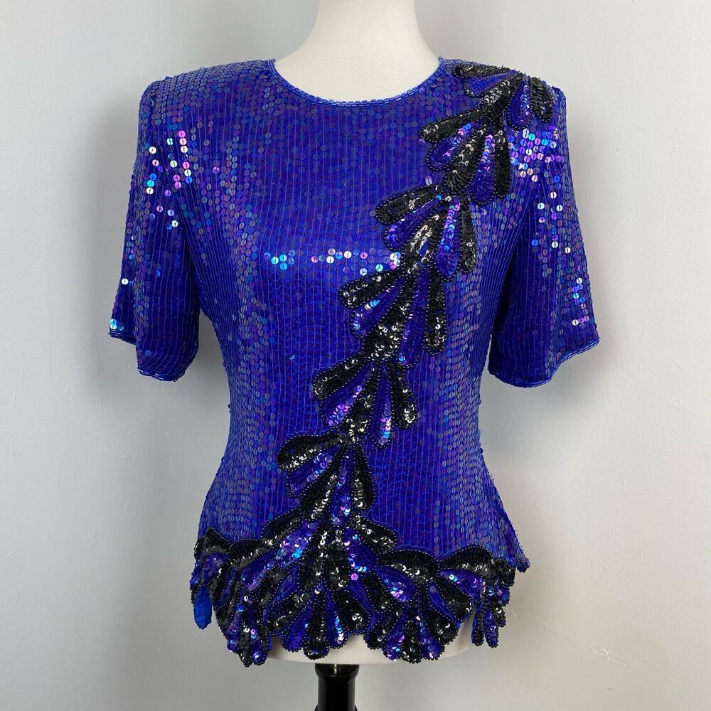 Vintage Stenay Blue Silk Sequin & Beaded Scalloped Hem Short Sleeve Top Small